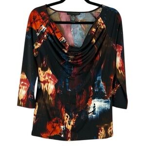 Grace Elements Artsy Abstract Cowl Neck 3/4 Sleeves Top Blouse Medium Multicolor